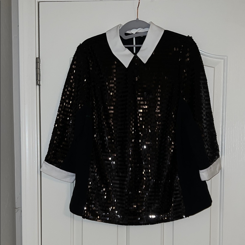 Elegant Black Sequin Blouse with White Collar